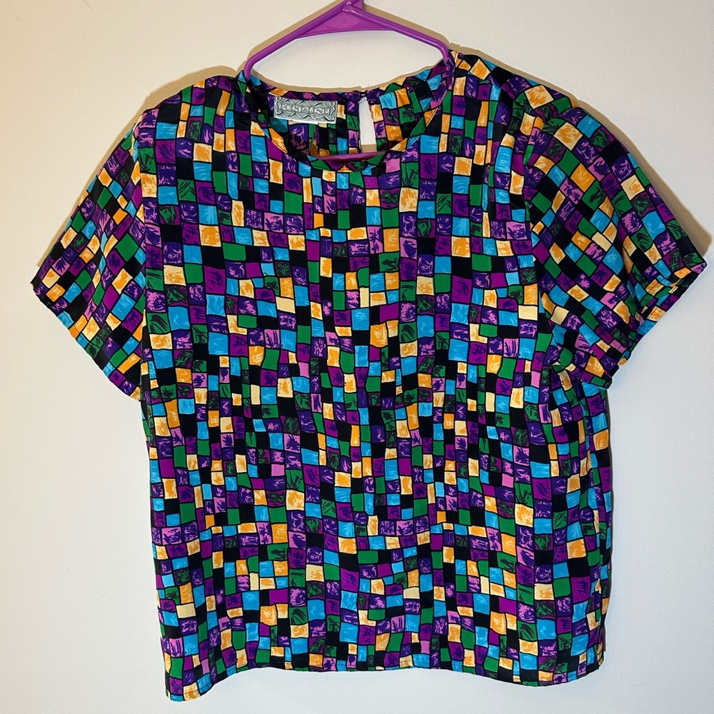 Point & Line vintage 80s blouse short sleeve shoulder pads geometric small